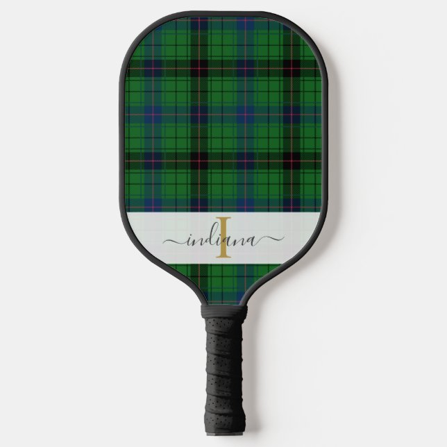 Raquette De Pickleball Monogramme Plaid Nom du script Tartan rustique (Recto)