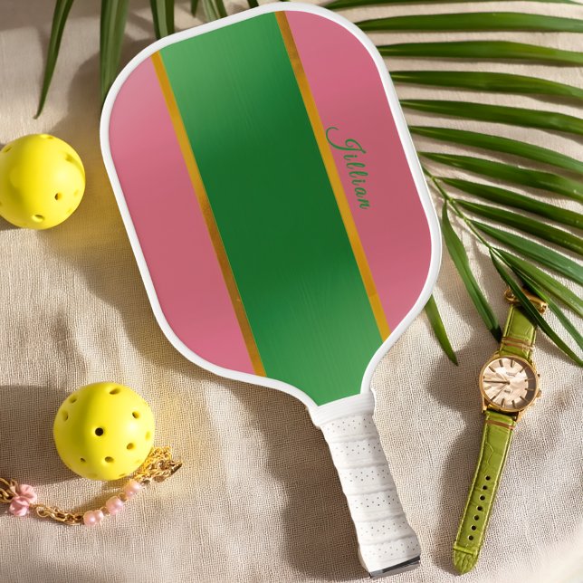 Raquette De Pickleball Monogramme Prépa Vert Rose Élégant (Pink and Green Monogrammed Pickleball Paddle 
)