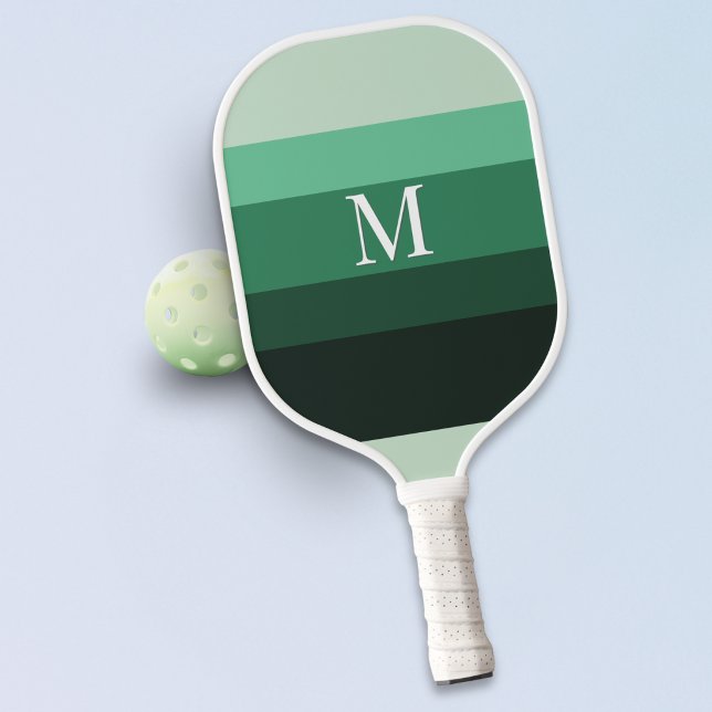Raquette De Pickleball Monogramme rayé à dégradé vert moderne (A stylish, monogrammed pickleball paddle, with a modern color block design of green gradient stripes)