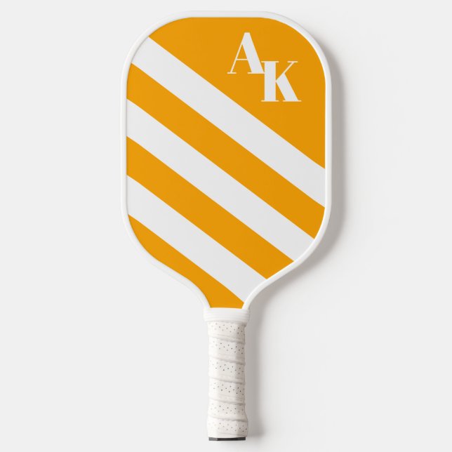 Raquette De Pickleball Monogramme rayé blanc et orange clair (Recto)