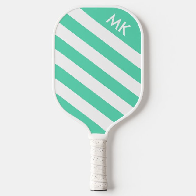 Raquette De Pickleball Monogramme rayé de sarcelle clair et blanc (Recto)