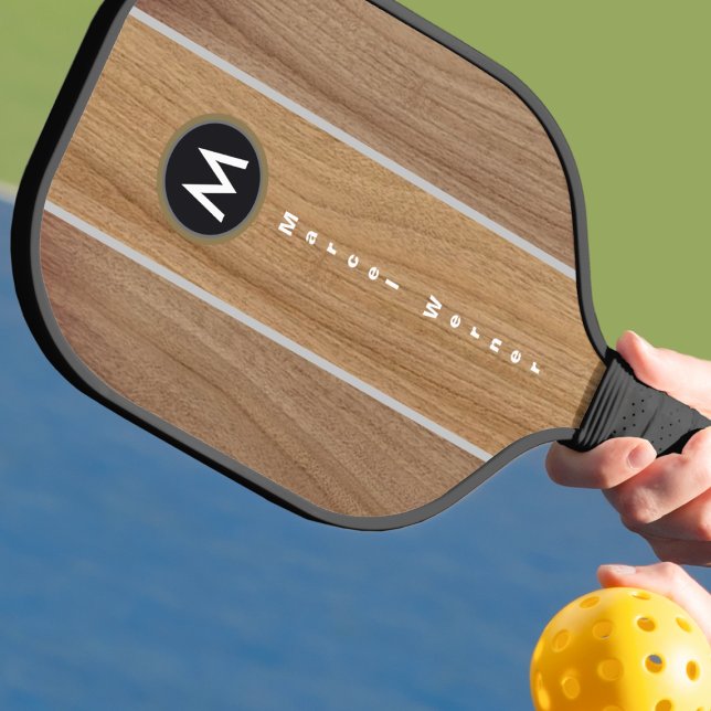 Raquette De Pickleball Monogramme Rayure de Bois Rustique Élégant (Créateur téléchargé)