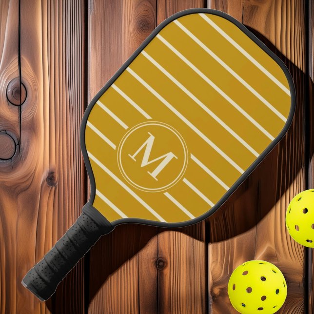 Raquette De Pickleball Monogramme Rayures Milieu de Siècle Couleur Ocre D (Créateur téléchargé)