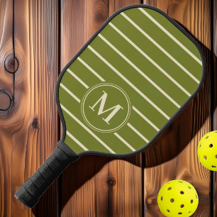 Raquette De Pickleball Monogramme Rayures Milieu du Siècle Vert Saule