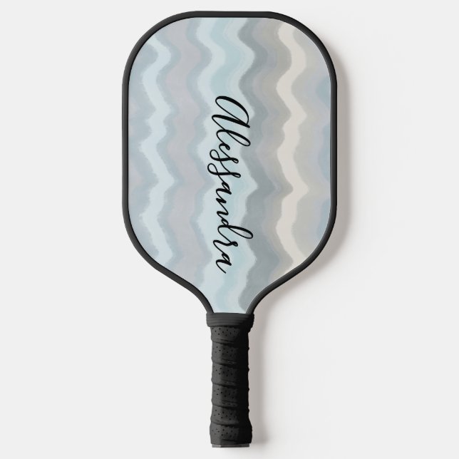 Raquette De Pickleball Monogramme Rétro Pastel Rayures Vagues Gris Bleu C (Recto)