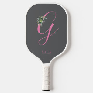 Raquette De Pickleball monogramme rose aquarelle fleurie gris nom