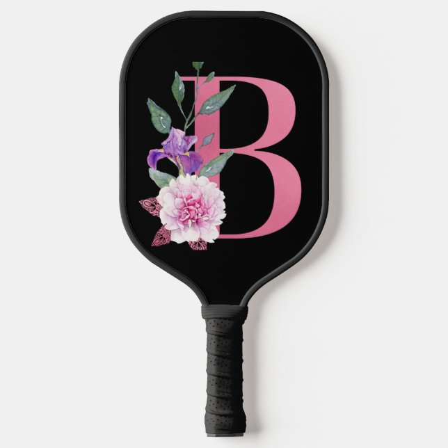 Raquette De Pickleball Monogramme rose décoratif B avec fleurs roses (Recto)