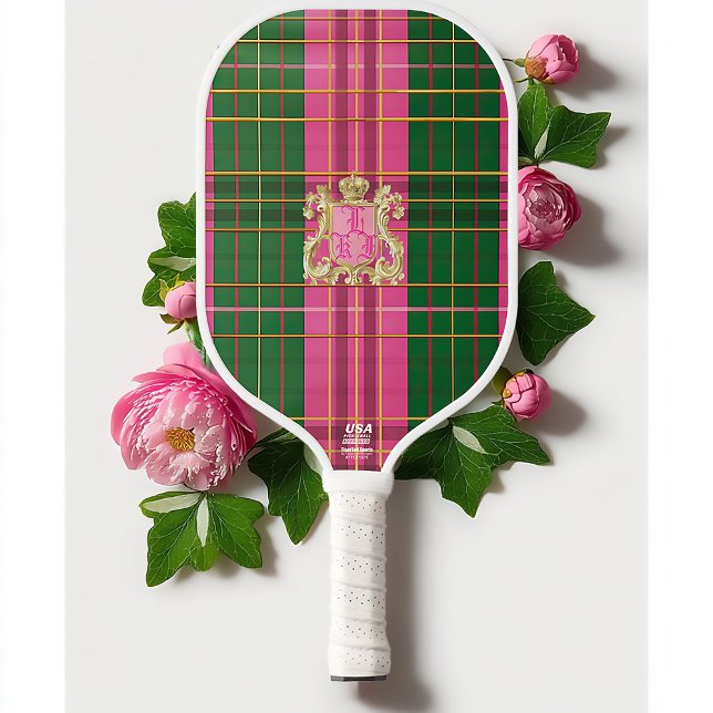 Raquette De Pickleball Monogramme rose et vert préppy Plaid (Stylish Preppy Pink and Green Plaid Pickleball Paddle )