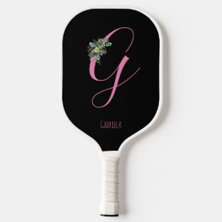 Raquette De Pickleball monogramme rose fleur d'aquarelle nom noir