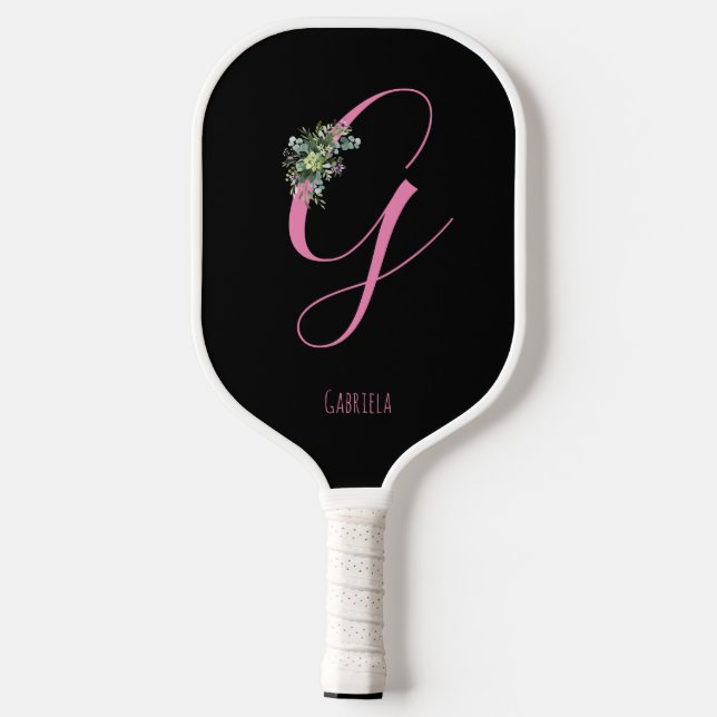 Raquette De Pickleball monogramme rose fleur d'aquarelle nom noir (Verso)