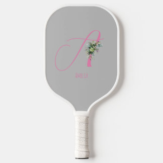 Raquette De Pickleball monogramme rose gris fleur d'aquarelle
