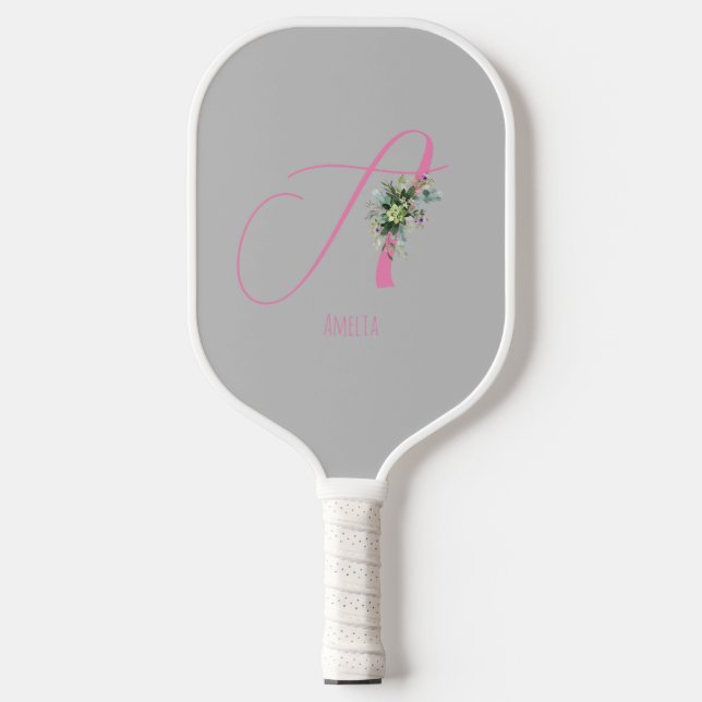 Raquette De Pickleball monogramme rose gris fleur d'aquarelle (Recto)