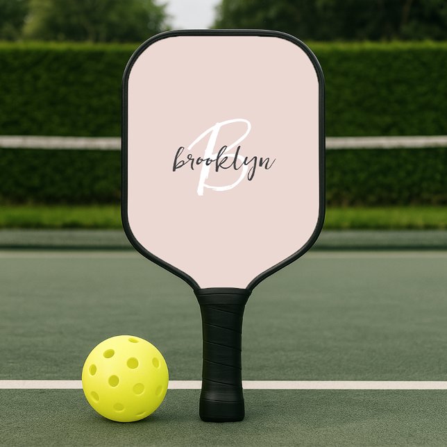 Raquette De Pickleball Monogramme tendance rose gris écriture (Créateur téléchargé)