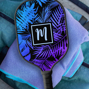 Raquette De Pickleball Monogramme Tropique Bleu Violet Ombre Palm Moderne