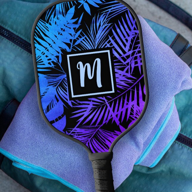 Raquette De Pickleball Monogramme Tropique Bleu Violet Ombre Palm Moderne (Créateur téléchargé)