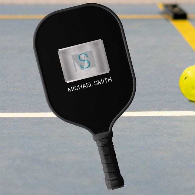 Raquette De Pickleball Monogramme turquoise et gris, Nom blanc Argent, No (Créateur téléchargé)