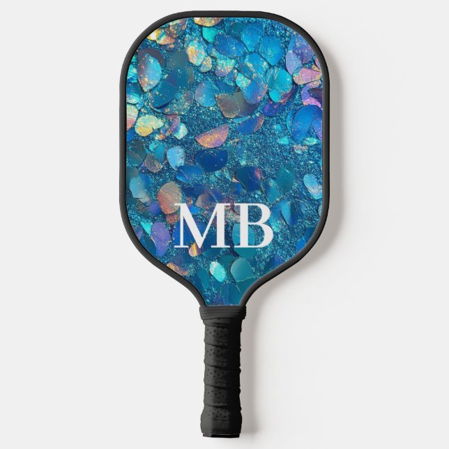 Raquette De Pickleball Monogramme turquoise Holographique Parties scintil (Verso)
