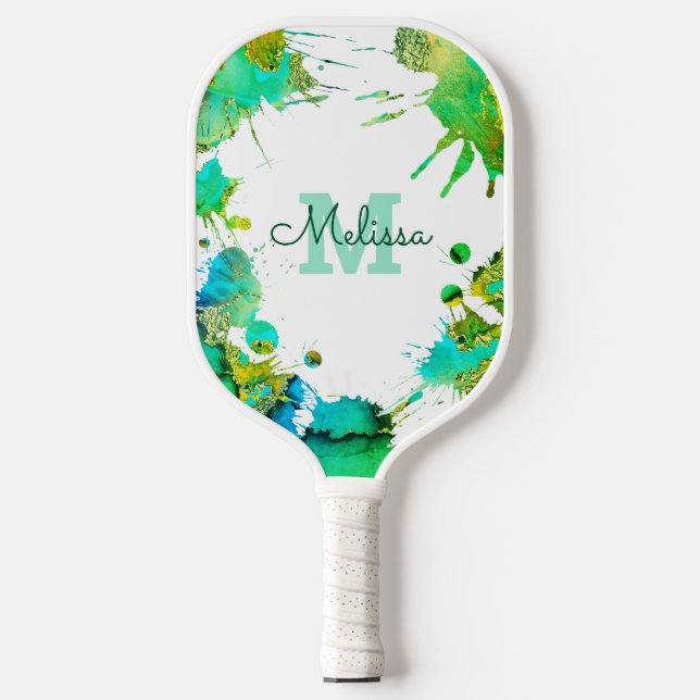 Raquette De Pickleball Monogramme Turquoise Vert bleu éclat Aquarelle (Recto)