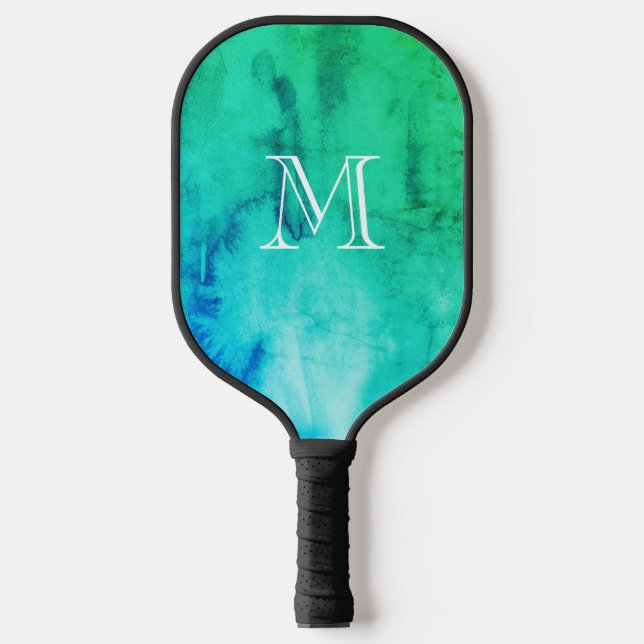 Raquette De Pickleball Monogramme Vert Aquarelle Bleu Texture Abstraite (Recto)