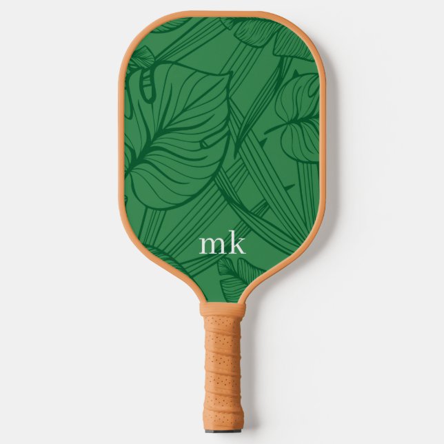 Raquette De Pickleball Monogramme vert Feuille tropicaux (Recto)