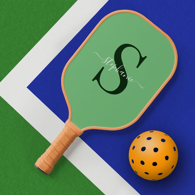 Raquette De Pickleball Monogramme vert simple Nom initial (Créateur téléchargé)