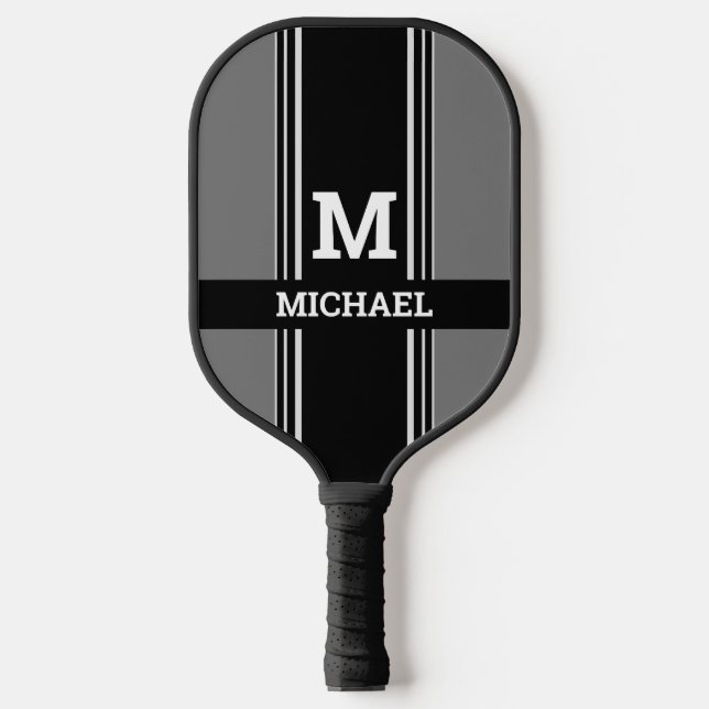 Raquette De Pickleball Monogrammes et nom, Gris et Gris (Recto)