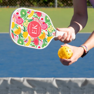 Raquette De Pickleball Motif aquarelle d'été monogramme de fruits tropica