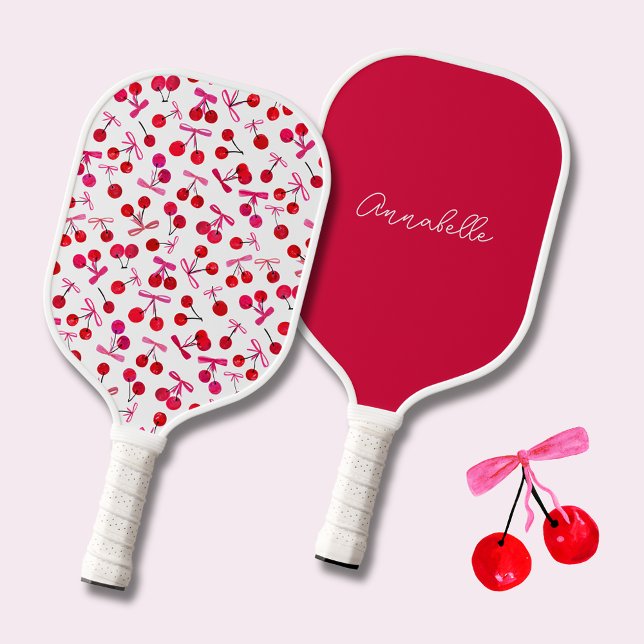 Raquette De Pickleball Motif Coquette Cherry & bow (Coquette cherry and bow girly pattern personalized pickleball paddle.)