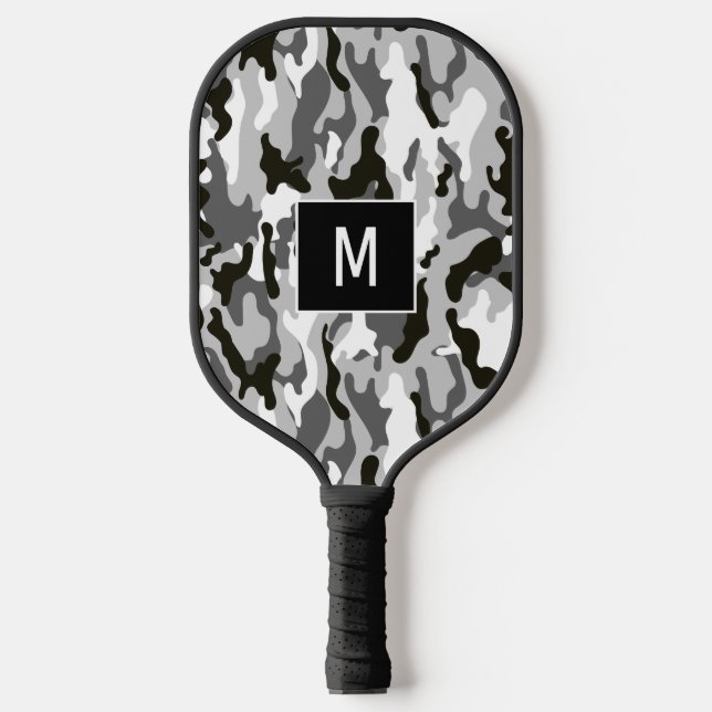 Raquette De Pickleball Motif de camouflage noir et blanc Monogramme (Recto)