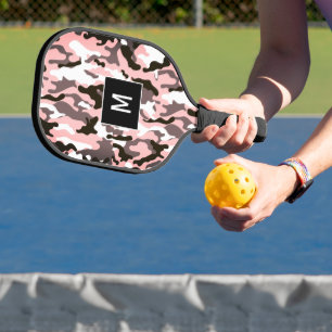 Raquette De Pickleball Motif de camouflage rose monogramme