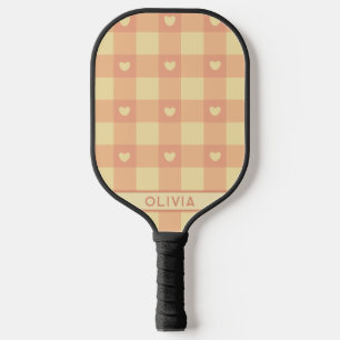 Raquette De Pickleball Motif de coeur à carreaux gingham pêche, damier mi