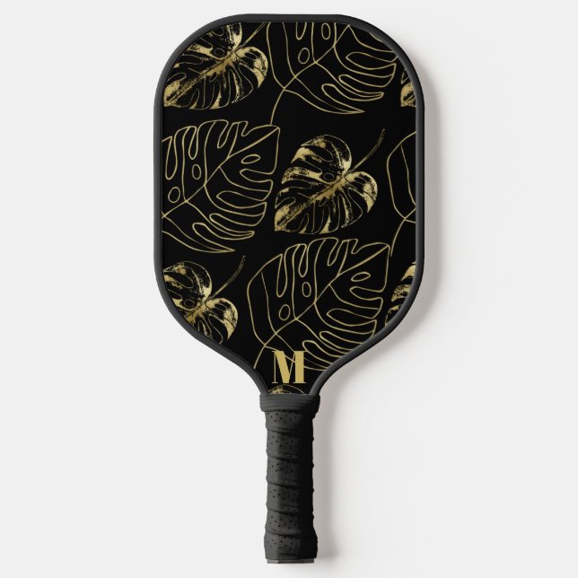 Raquette De Pickleball Motif de feuille de palme noir et or | Monogramme  (Recto)