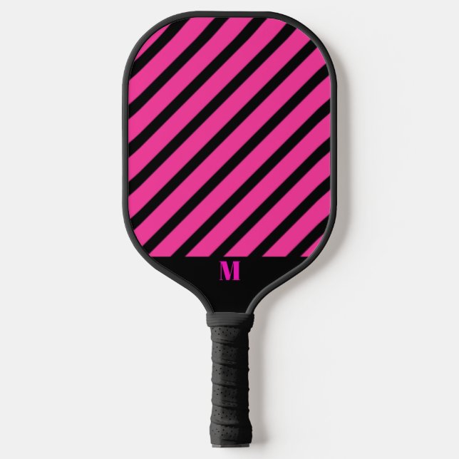 Raquette De Pickleball Motif de rayures noires et roses Monogramme modern (Recto)