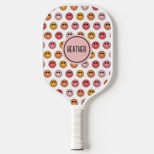 Raquette De Pickleball Motif de visage souriant rose mignon monogramme