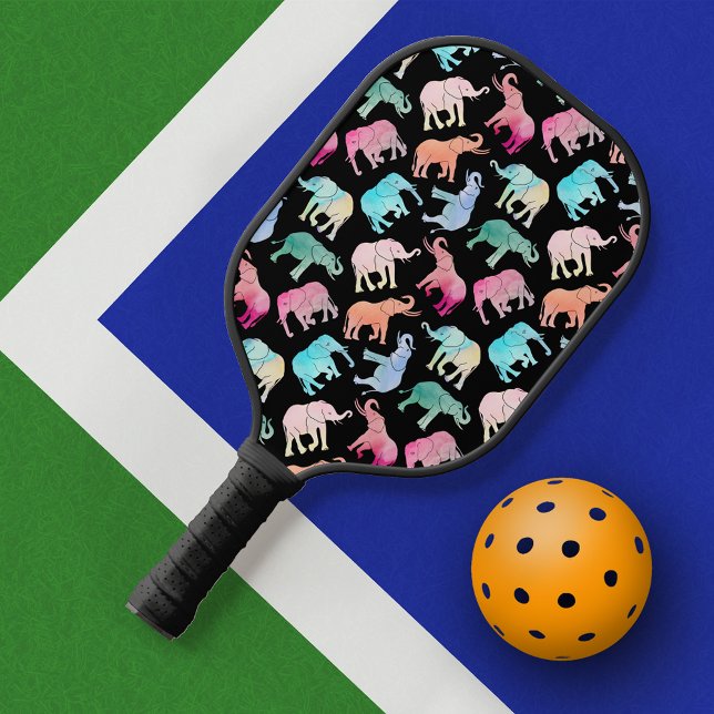 Raquette De Pickleball Motif des éléphants colorés à l'aquarelle (Créateur téléchargé)