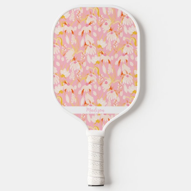 Raquette De Pickleball Motif Floral rose Nom personnalisé mignon (Recto)
