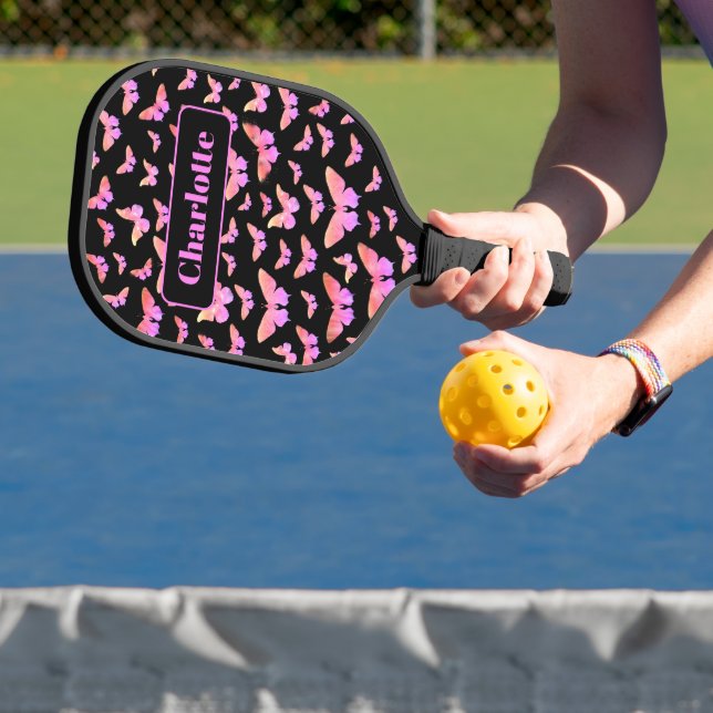 Raquette De Pickleball Motif joli papillon Monogramme Nom Rose (Insitu)