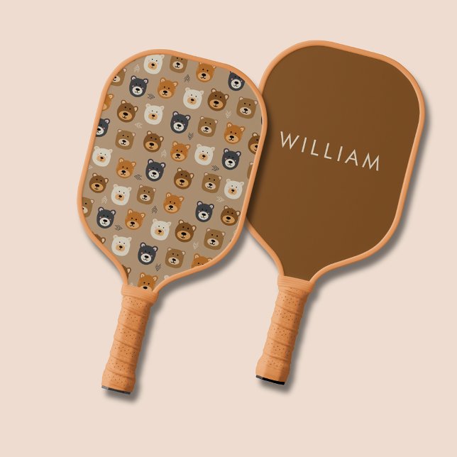 Raquette De Pickleball Motif ours kawaii (Cute bear pattern pickleball paddle.  Customize with your own name or choice of text to one side.)