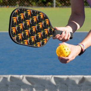 Raquette De Pickleball Motif Plante Orange Bird of Paradise sur Noir