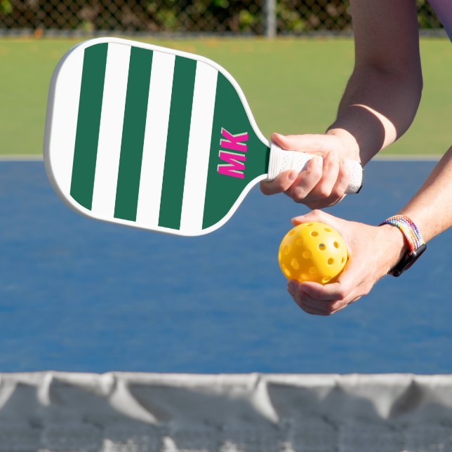 Raquette De Pickleball Motif rayé vert et blanc Monogramme (Insitu)