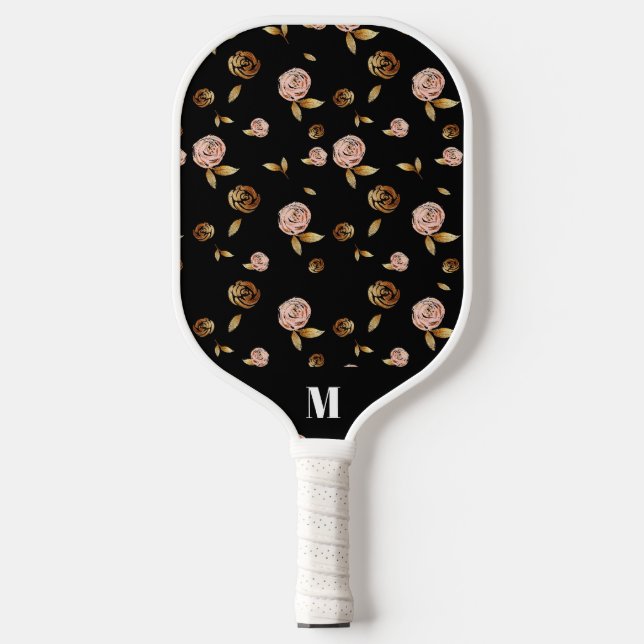 Raquette De Pickleball Motif Rose noir rose or | Monogramme moderne (Recto)