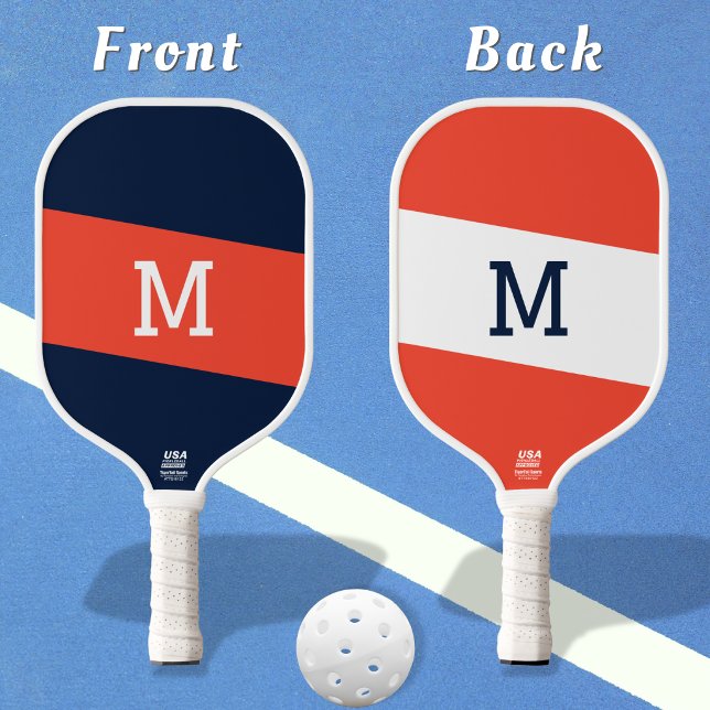 Raquette De Pickleball Navy bleu Prépa rayé monogramme initial (A reversible, retro pickleball paddle in red, navy blue and white, with preppy monogram initial)