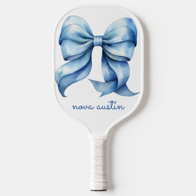 Raquette De Pickleball Nœud bleu tendance personnalisé avec nom monogramm (Recto)