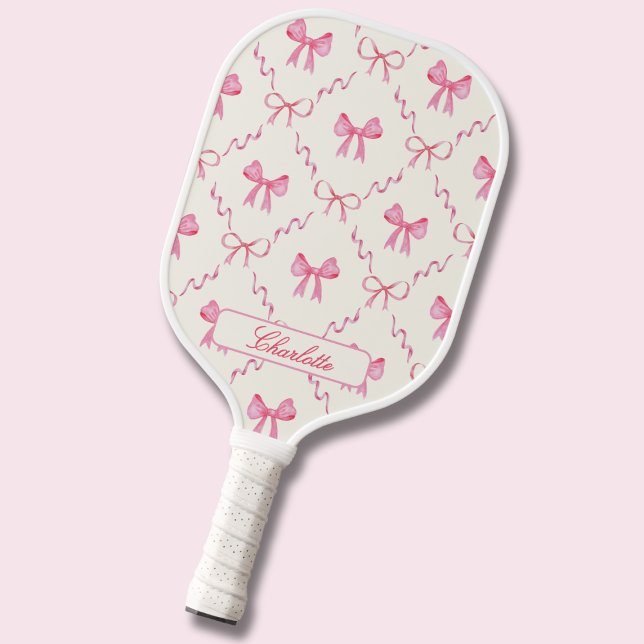 Raquette De Pickleball Nœud Rose Coquette (sweet coquette pink bows pickleball paddle, customizable with name in calligraphy script)