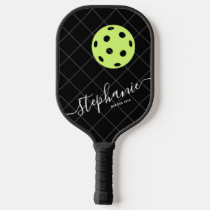 Raquette De Pickleball Noir Blanc Jaune Élégant Script Personnalisé