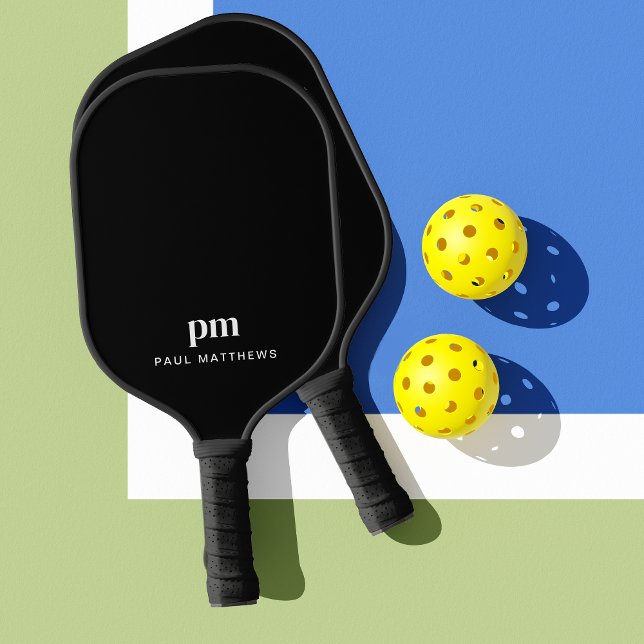 Raquette De Pickleball Noir élégant avec Monogramme et nom (Créateur téléchargé)