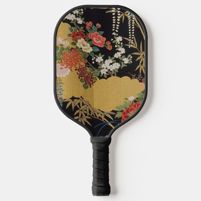 Raquette De Pickleball Noir et or traditionnel japonais Kimono floral (Recto)