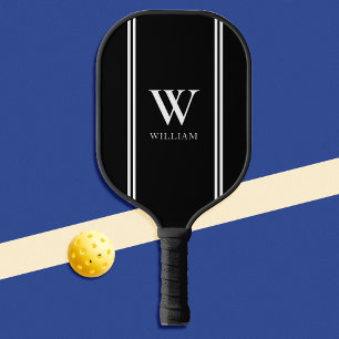 Raquette De Pickleball Noir moderne et blanc Nom initial Monogramme