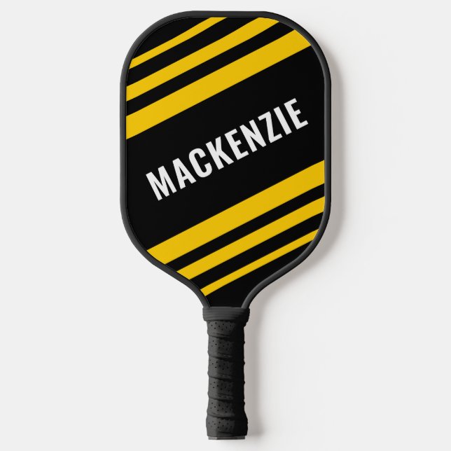 Raquette De Pickleball Noir moderne rayé Or personnalisé (Recto)