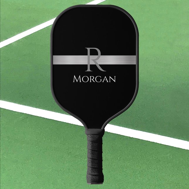 Raquette De Pickleball Nom blanc & Monogramme gris, Barre d'argent sur no (Créateur téléchargé)